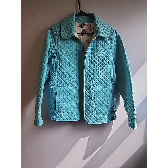 ESPRIT Diamond Quilted Reversible‎ Jacket Teal Blue Floral Print Pockets Retro S - Picture 1 of 7